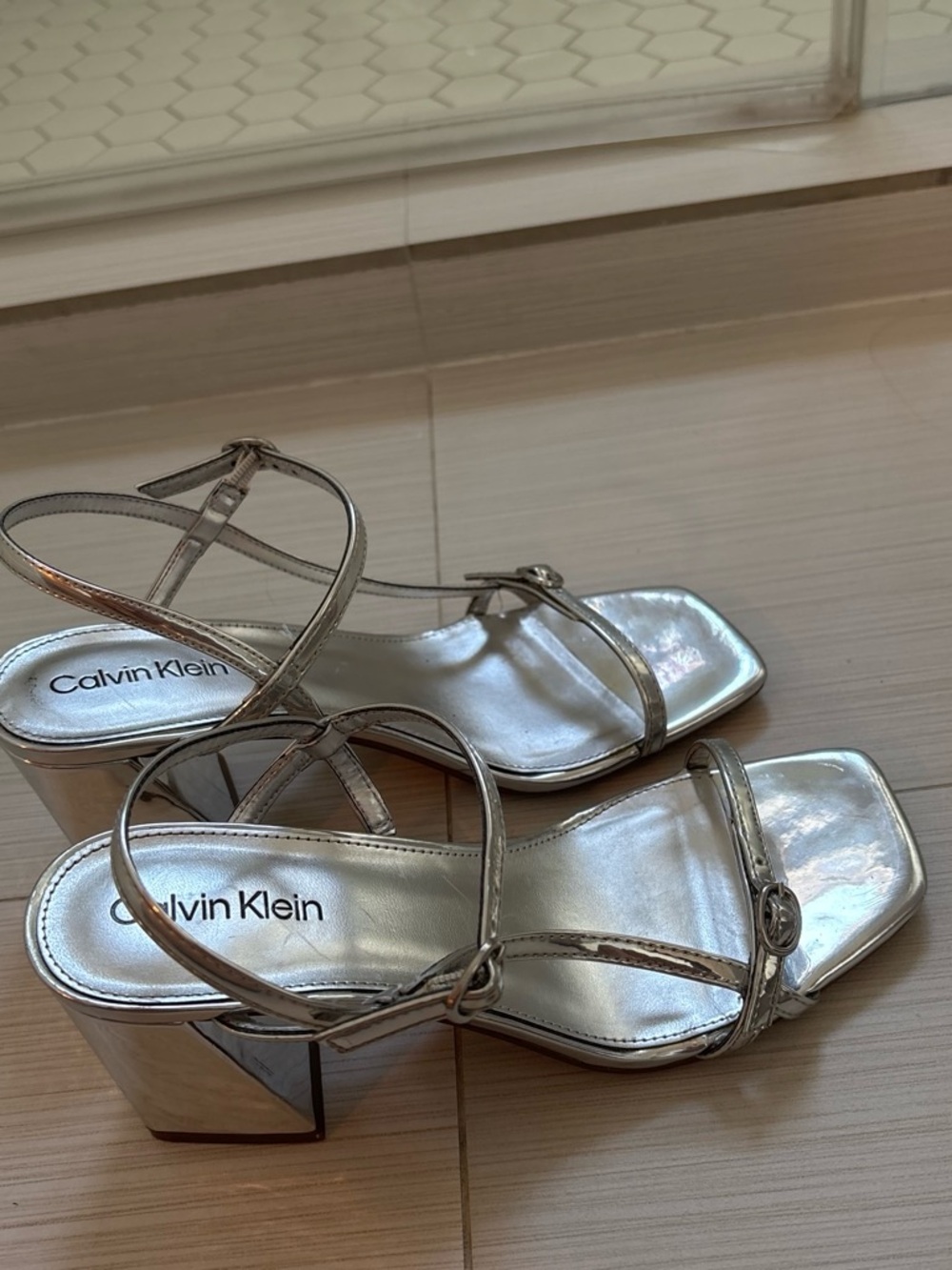 Calvin Klein Metallic Silver Strappy Block Heel Sandals